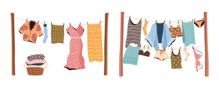 Different clean clothes drying on clotheslines. Set of modern clothing for men and women pinned with clothespins. Cleaning and laundry concept. Washing routine. Isolated flat vector illustrations.のイラスト素材