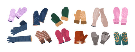 Winter gloves set. Woolen, knitted, cotton pairs of gloves, mittens for men, women and kids. Fashion accessories, warm garments for cold weather. Isolated flat vector illustrations on white backgroundのイラスト素材