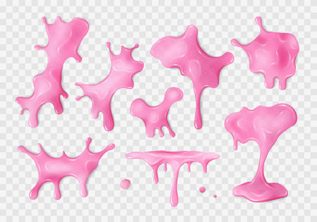 Liquid pink slime blots set. Realistic slimy stains with drops. Different shapes of sticky dripping toxic mucus. Isolated abstract textures. Transparent alien splashes, jelly, gelatin. Vector clip artのイラスト素材