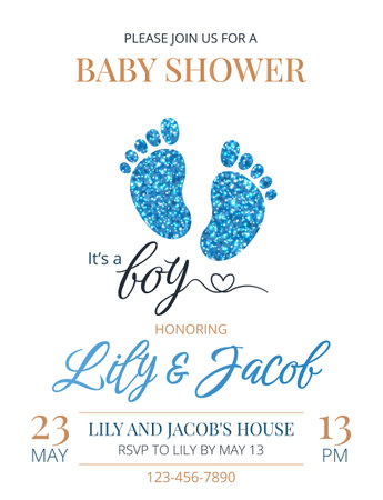 Invitation card for baby shower or birthday party. Its a boy. Simple postcard template with footprints, blue glitter and text on white background. Vertical festive card. Vector illustration.のイラスト素材