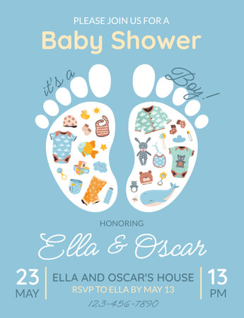 Invitation card for baby shower or birthday party. Its a boy. Vertical postcard template with footprints, baby essentials for boys and text on blue background. Festive card. Cute vector illustration.のイラスト素材
