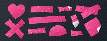 Set of glossy hot pink duct tape, adhesive tape, or sticky paper strips. Isolated elements in various shapes on background. Realistic crumpled tape pieces for collages and creative designs. Vector.のイラスト素材