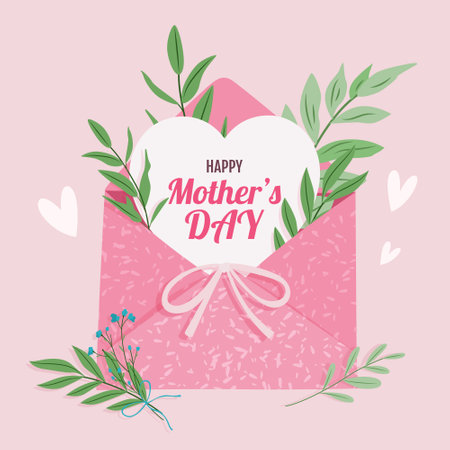 Happy Mothers Day concept. Festive square greeting card or poster. Pink envelope with a letter, herbs and hearts. Cute illustration in a flat style. Vector template.のイラスト素材