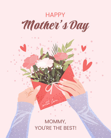 Happy Mothers Day concept. Festive vertical greeting card or poster. Female hands holding an envelope with flowers and herbs. Cute illustration in a flat style. Vector template.のイラスト素材