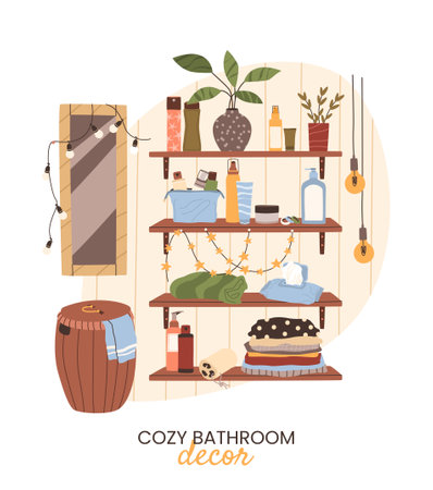 Cozy bathroom shelves with organized toiletries, towels, mirror, laundry basket, string lights, and decorative plants. Home interior decor in Scandinavian style. Flat vector illustration.のイラスト素材
