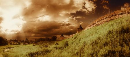 The wall and towers of Monastery of Saint Euthymius in warm colors. Suzdal. Russiaの写真素材