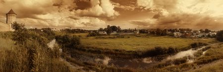 Panoramic view on Kamenka-river, Pokrovsky Monastery and tower of Monastery of Saint Euthymius in Suzdal. Russiaの写真素材