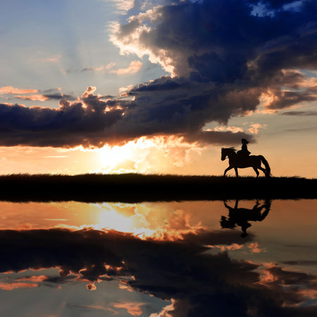 Horseback riding on coastline on sunset  の写真素材