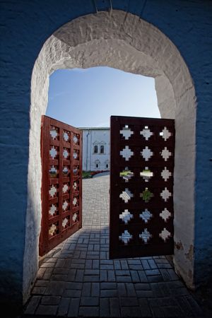 Suzdal Kremlin with wood Gate. Russian Federationの写真素材