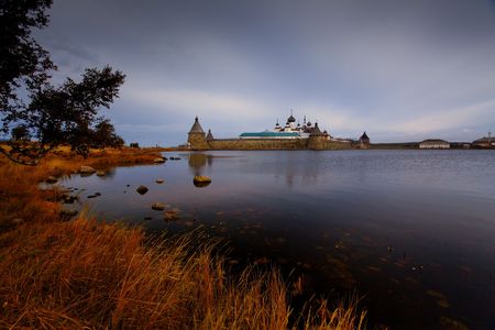View on Solovetsky Monastery with Holy Lake on sunriseの写真素材