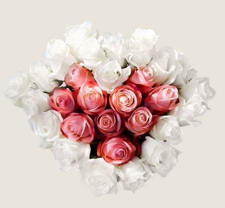 Heart bouquet with white and pink rosesの写真素材
