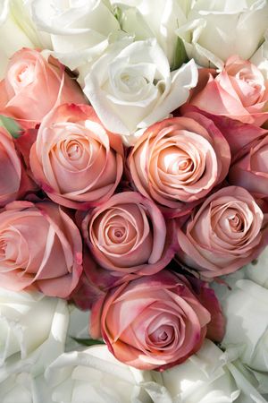 Heart bouquet with white and pink rosesの写真素材