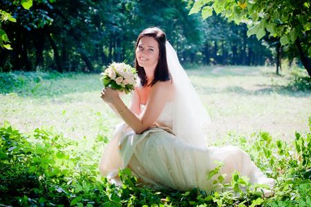 Bride portrait in a forestの写真素材