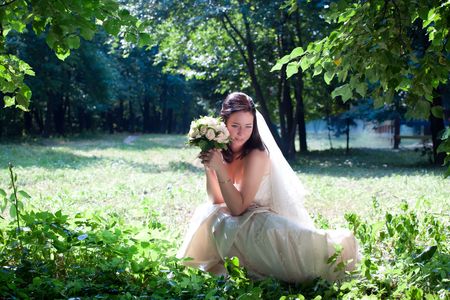 Bride portrait in a forestの写真素材