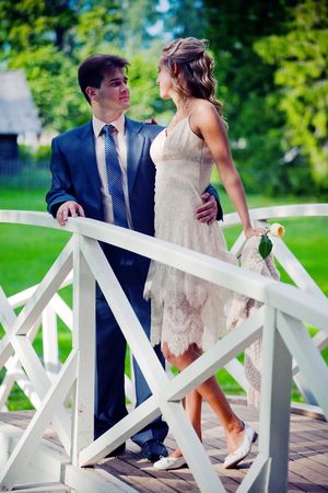 Portrait of newlyweds on a bridgeの写真素材
