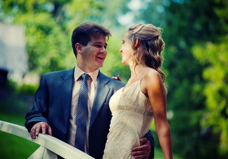 Portrait of newlyweds on a bridgeの写真素材
