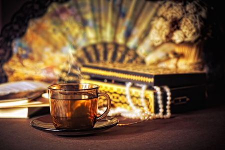 Still life with cup of tea and Women's stuffの写真素材