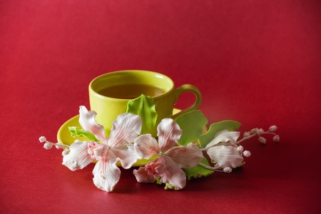 The cup of green tea with caramel orchid on red backgroundの写真素材