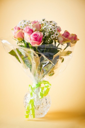Bouquet of blossom pink roses and chrysanthsの写真素材