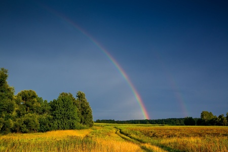Landscape with country road and rainbowの写真素材