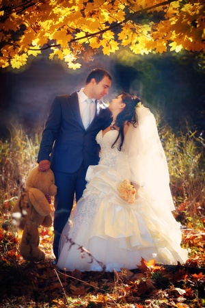 Newlyweds posing in autumn parkの写真素材