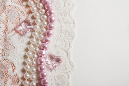 Wedding background with lace and chrystal, perl beadsの写真素材