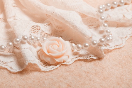 Wedding background with lace and chrystal, perl beadsの写真素材