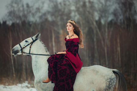 Medieval Queen on white horse at twilight winter forestの写真素材