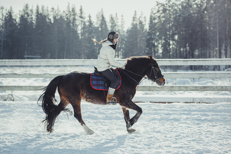 Winter teenage girl jump horse ride jumpingの写真素材