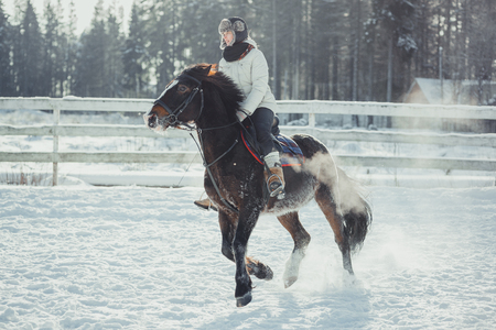 Winter teenage girl jump horse ride jumpingの写真素材