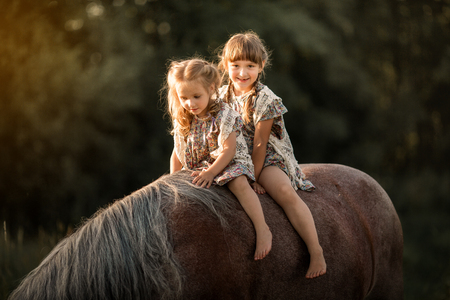 Little sisters with horse at summer cloudy eveningの写真素材