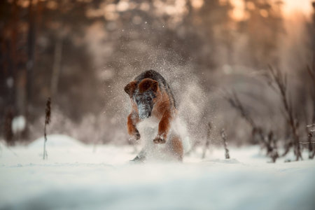 Red cute german shepard 4-th months puppy portrait  at snow at the winter.