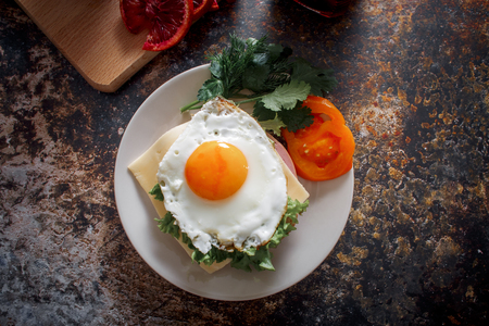Grain bread with fried egg, tomato, cheese and bacon on ceramic plate with red orange to desertの写真素材