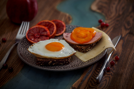 Grain bread with fried egg, tomato, cheese and bacon on ceramic plate with red orange to desertの写真素材