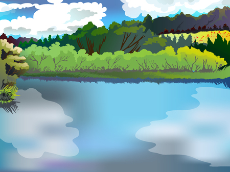 Landscape of the forest and the river. Image vector nature, forest, lake, against the blue sky.のイラスト素材