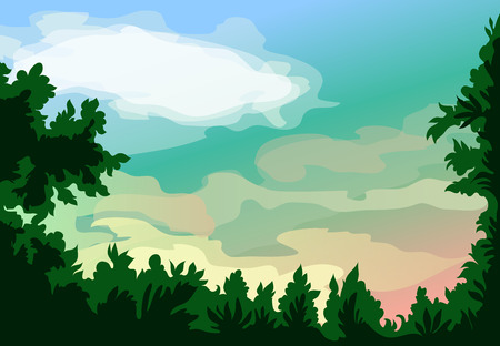 Landscape of the forest, sunset, clouds and sky vector illustration.のイラスト素材