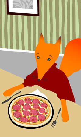 The fox sits in a cafe and eats pizza.のイラスト素材
