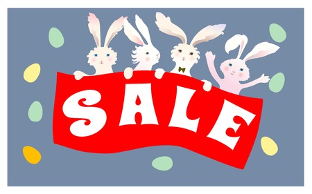 Easter Sale background poster with eggs and discounts percentage. Cute cartoon bunny rabbit with colored eggs. Vectorのイラスト素材
