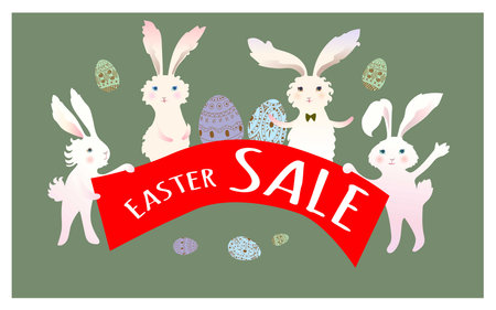 Easter Sale background poster with eggs and discounts percentage. Cute cartoon bunny rabbit with colored eggs Vector illustration.のイラスト素材