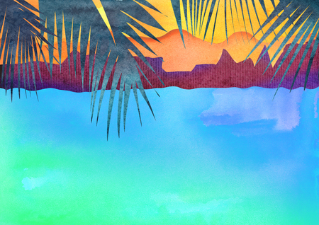 Exotic places Hawaii, Haiti, Maldives, hot countries. Watercolor illustration in style of carving paper. With palm trees by the sea and beautiful sceneryの写真素材
