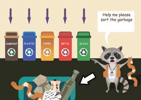 Funny Raccoon and trash. Sorting trash. Garbage recycling. Raccoon help and teach how to separate garbage for recycling. Children education.のイラスト素材