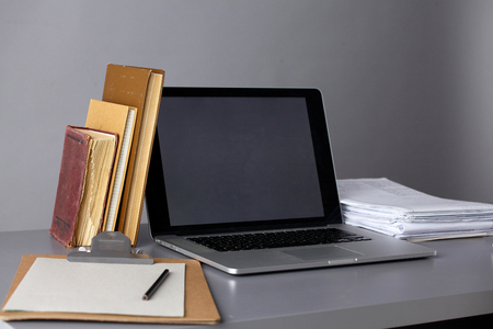 Workspace with computer and documents in office .の写真素材