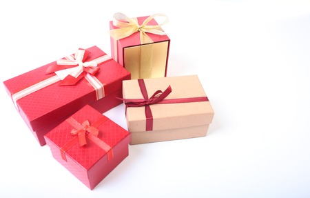 Gift boxes with bow on white backgroundの写真素材