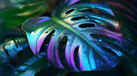 Closeup see of characteristic holographic monstera leaf. Creative resource, AI Generatedの素材
