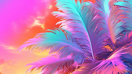 Cushioned palm tree on sky establishment conditioned in eager sprinkled rainbow neon pastel colors. Creative resource, AI Generatedの素材