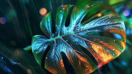 Closeup see of characteristic holographic monstera leaf. Creative resource, AI Generatedの素材
