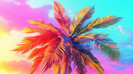 Cushioned palm tree on sky establishment conditioned in excited sprinkled rainbow neon pastel colors. Creative resource, AI Generatedの素材