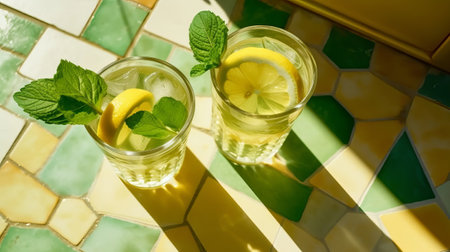 Reestablishing summer drinks in pearl glasses with green clears out yellow tile establishment with coldblooded shadows. Creative resource, AI Generatedの素材