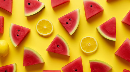 Imaginative organize made of watermelon, lemon. Level lay. Food concept. Clearing scale concept. Creative resource, AI Generatedの素材