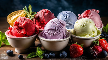 Diverse of ice cream flavor whit unused blueberry, strawberry, kiwi, lemon, vanilla setup on common establishment. Creative resource, AI Generatedの素材